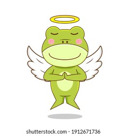 Cute holy frog as an angel. Vector illustration of chibi character isolated on white background.