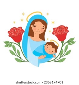 cute holy virgin mary with baby jesus between roses. vector illustration