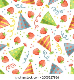 Patrón perfecto de los días festivos, con gorras de cumpleaños y fresa sobre fondo blanco. Fiesta, verano, concepto infantil. Ilustración del vector 10 EPS.