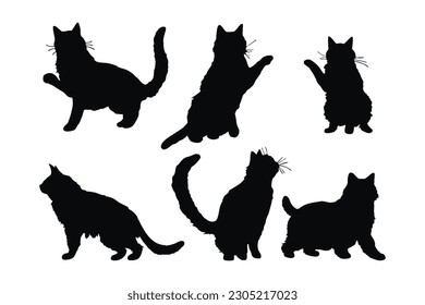 Cute home cat vector design on a white background. Feline standing silhouette set vector. Cute cat sitting silhouette bundle design. Cat standing in different positions silhouette collection.