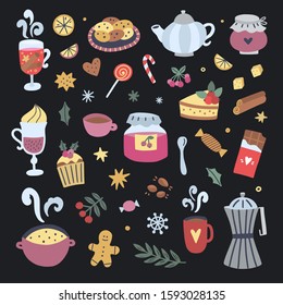 Cute home food vector illustrations on dark background. Festive sweet cakes, chocolate, candy, coffee, hot drinks for celebration Christmas and winter holidays