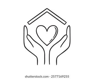 Cute home hands holding heart under the house roof doodle hand drawn icon. Outline drawing Cute home hands holding heart line clipart symbol. Vector illustration