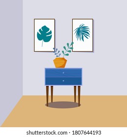 Cute home interior furniture and vase with decorative leaves. Flat cartoon style illustration. 