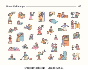 Cute home life character set featuring daily routines, healthy habits, housework, self care, reading, cleaning and home activities in outline vector style.