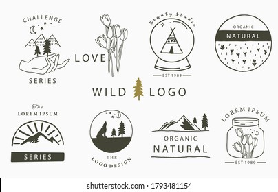 Cute Home Logo Collection With Flower,tulip,tent,moutain,fox.Vector Illustration For Icon,logo,sticker,printable And Tattoo