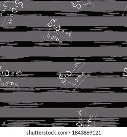 Cute home monochrome seamless pattern with universal letters white in vintage style, vector illustration on black and brown uneven striped background, suitable for all designs