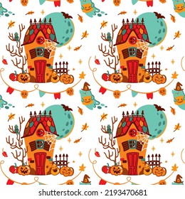 Cute home on halloween night. Ghost, pumpkins, bat and other halloween's attributes.Kids print. Seamless pattern