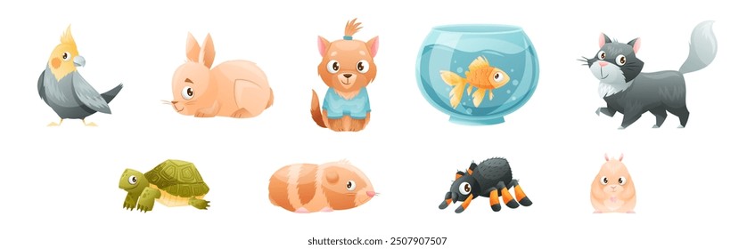 Cute Home Pet Animal with Bird, Rabbit, Dog, Fish, Cat, Turtle, Hamster and Spider Vector Set