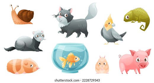 Cute Home Pet Animal with Fish, Cat, Parrot, Hamster and Pig Vector Set