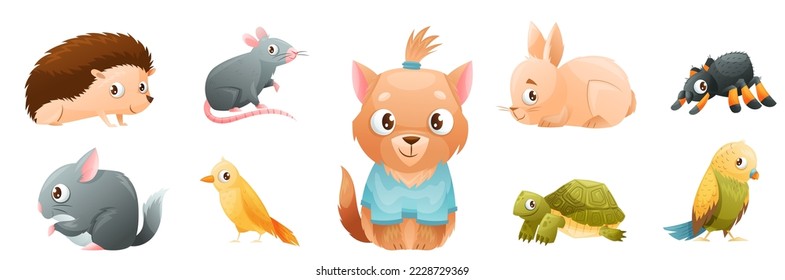 Cute Home Pet Animal with Rat, Hedgehog, Hare and Puppy Vector Set