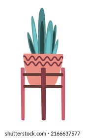 Planta hogareña en una olla sobre un estrado aislado en fondo blanco. Estilo hipogloso, decoración de jungla urbana, ilustración plana vectorial, aislado, dibujos animados.