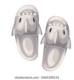 Lindas zapatillas de casa con cabeza de dragón gris de dibujos animados. Divertidas chanclas con personaje de cuento de hadas, calzado para mascota divertida, vista superior de dibujos animados de zapatillas con Ilustración vectorial facial de criatura de fantasía