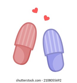 Cute home women's and men's slippers in love. Together forever. Happy Valentine's Day concept. Vector illustration in flat cartoon style.
