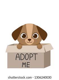 Cute homeless puppy inside a cardboard box is begging for the adoption. Adopt don't shop vector illustration for animal shelter poster.