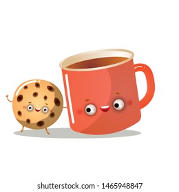 Cute homemade cookie character is smiling with red coffee mug