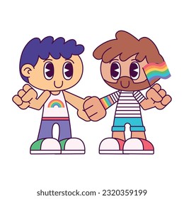 Cute homosexual chibi couple characters holding hands Vector illustration