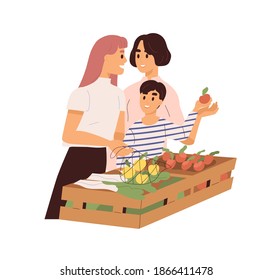 Cute homosexual couple with child buying fruits on market. Loving lesbian parents with kid at grocery. Lgbt family in the shop. Flat vector cartoon illustration isolated on white