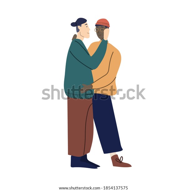 可愛い同性愛のカップルが抱き合ってキスをする アフリカ系アメリカ人の同性愛関係 多民族のlgbtの夫婦 白い背景に平らなファッションベクター イラスト 漫画のスタイル のベクター画像素材 ロイヤリティフリー