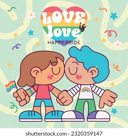 Cute homosexual couple kissing each other Proud month Vector illustration