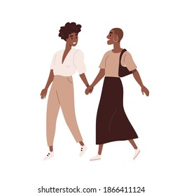 Cute homosexual couple walking together isolated on white. Colorful scene with stylish african american lesbian women on a date. Happy lgbt family. Vector illustration in flat cartoon style.