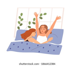 Cute homosexual couple of women in bed. Morning scene of girlfriends in bedroom. Lesbian characters wake up together. Romantic lgbt family. Flat vector cartoon illustration isolated on white