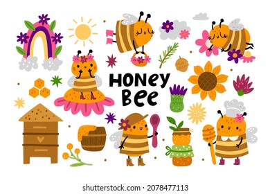 Cute honey apiary. Funny little buzzing bees fly, collect honey and sit on flowers, kids adorable doodle insects characters. Sunflower, beehives, and rainbow, vector