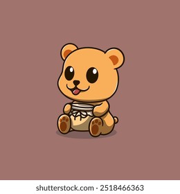 cute honey bear sitting holding a jar of honey