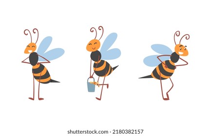 Cute Honey Bee with Antenna and Striped Body Carrying Bucket Vector Set
