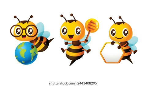 Cute honey bee cartoon mascot set with holding blank signboard, honey dripper and globe illustration vector