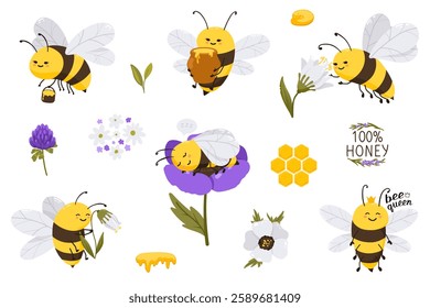Cute honey bee character illustration set with flowers and lettering quote. Vector funny illustration collection for stickers, print, cards, posters, web site, banner, landing page.