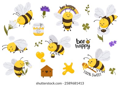 Cute honey bee character illustration set with flowers and lettering quote. Vector funny illustration collection for stickers, print, cards, posters, web site, banner, landing page.