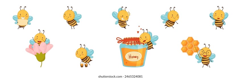 Cute Honey Bee Character with Pretty Face and Striped Body Vector Set