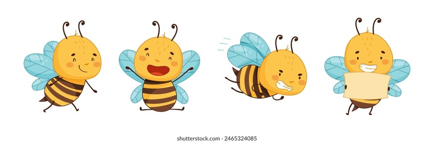 Cute Honey Bee Character with Pretty Face and Striped Body Vector Set