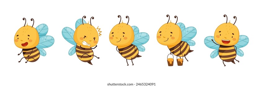 Cute Honey Bee Character with Pretty Face and Striped Body Vector Set