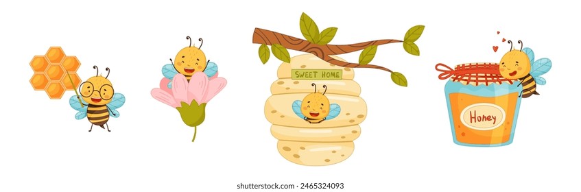 Cute Honey Bee Character with Pretty Face and Striped Body Vector Set