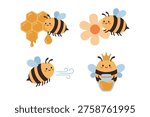 Cute Honey Bee Character Set with Honeycomb, Flowers, and Queen Bee in Flat Style
