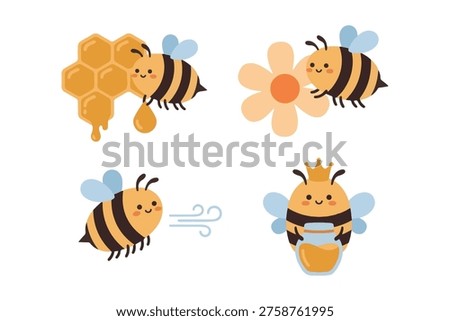 Cute Honey Bee Character Set with Honeycomb, Flowers, and Queen Bee in Flat Style