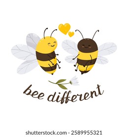 Cute honey bee characters illustration with flower, honey heart and lettering quote bee different. Vector funny isolated illustration collection for stickers, print, cards, t shirts, posters, web site