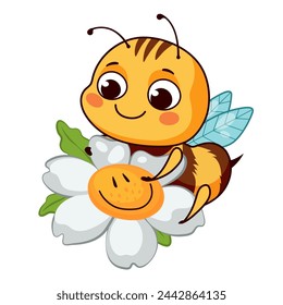 Cute honey bee collects nectar from chamomile flower. Vector illustration in cartoon style