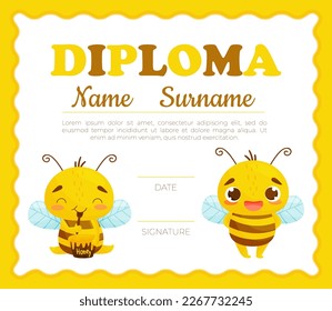 Cute Honey Bee Diploma Design with Busy Insect and Natural Sweet Food Vector Template