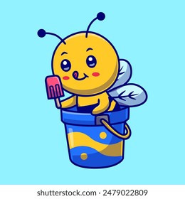 Cute Honey Bee Eating Popsicle Ice Cream In Bucket Cartoon Vector Icon Illustration. Animal Food Icon Concept Isolated Premium Vector. Flat Cartoon Style