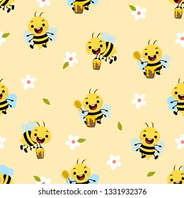 Cute honey bee and flower seamless pattern and background. Animal cartoon character set.