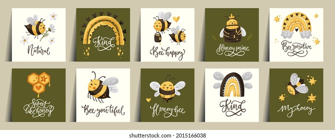 Cute honey bee funny illustration card set. Cartoon vector postcard happy summer insect character collection with daisy flower and lettering quote.