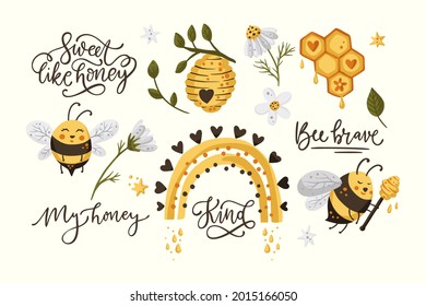 Cute honey bee funny illustration set. Cartoon vector happy summer insect character collection with daisy flower and lettering quote.