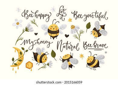 Cute honey bee funny illustration set. Cartoon vector happy summer insect character collection with daisy flower and lettering quote.