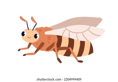 Abeja dulce con graciosa sonrisa en la expresión de la cara. Feliz abeja de miel. Dulce adorable insecto a rayas con alas. Ilustración de vector plana infantil aislada en fondo blanco