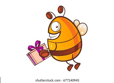Cute Honey Bee with a gift. Vector Illustration. Isolated on white background.
