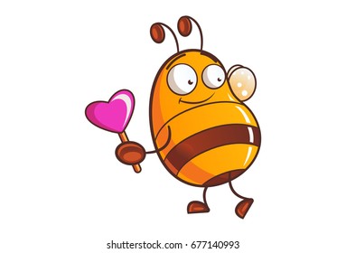 Cute Honey Bee with a heart on stick. Vector Illustration. Isolated on white background.