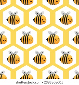 Cute Honey Bee in Hexagonal Honey Comb Endless Pattern Background. Simple 2D Cartoon Vector. Bees Character Chibi Icon Logo Illustration for Packaging design, Seamless Background, Box, Wallpaper, etc.