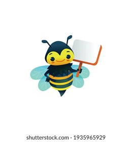 Cute honey bee holding blank placard - happy cartoon insect